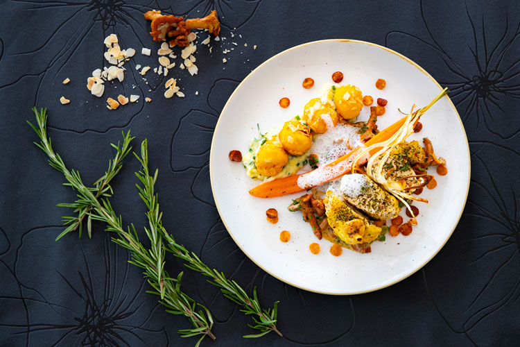 Fein angerichtetes Gericht mit Karotten, Kr&auml;utern und Sauce auf wei&szlig;em Teller, dekoriert mit Rosmarin