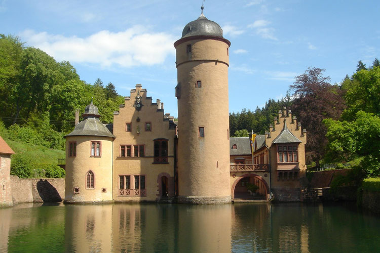 Wasserburg mit Rundturm und Br&uuml;cke, umgeben von Wasser und gr&uuml;nen B&auml;umen.
