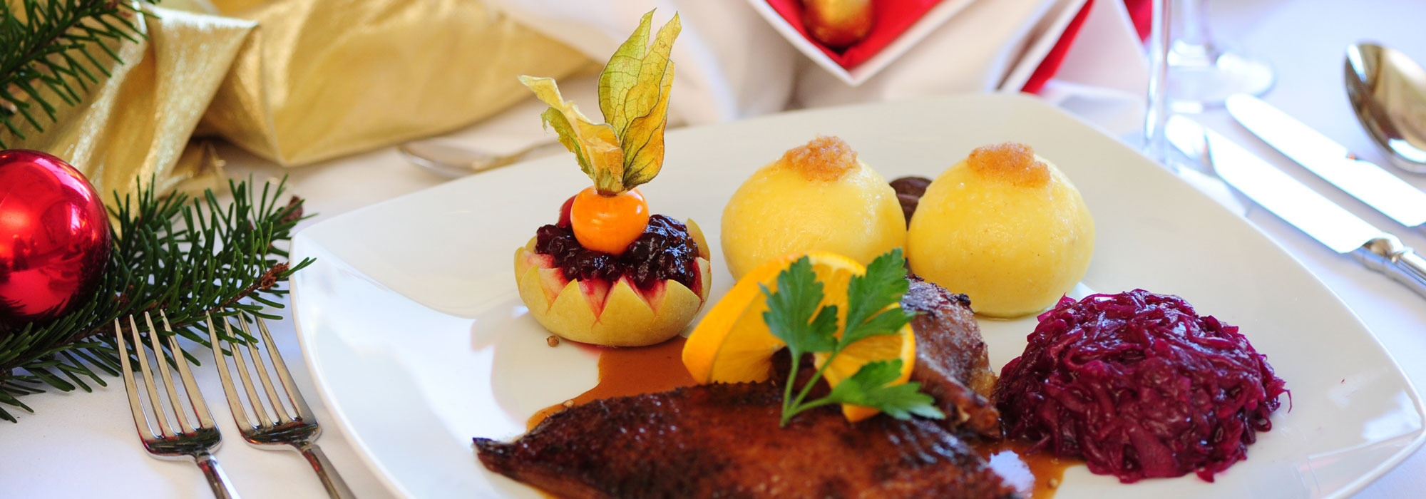 Festlich angerichtetes Gericht mit Ente, Klößen, Rotkohl und Orangenscheiben auf weißem Teller